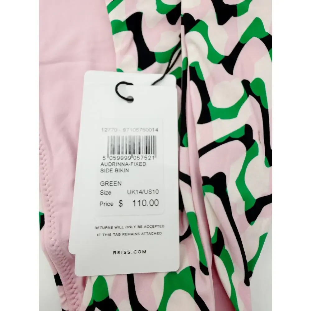 REISS Audrinna Fixed Side Bikini Bottom Size 10 NEW Pink Green $110